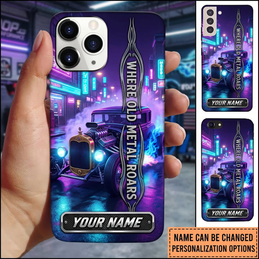 BlueJose Hot Rod Purple Classic Car with Neon City Skyline and Blue Lightning Personalized Name 3D Phone Case