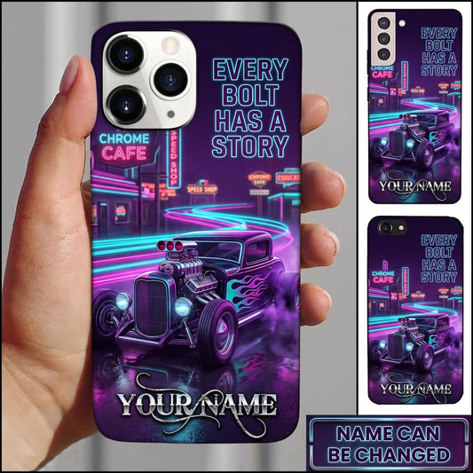 BlueJose Hot Rod Purple Classic Car with Neon Garage and Retro City Lights Personalized Name 3D Phone Case