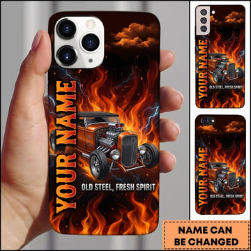 BlueJose Hot Rod Black Vintage Car with Vertical Orange Flames and Custom Name Personalized Name 3D Phone Case