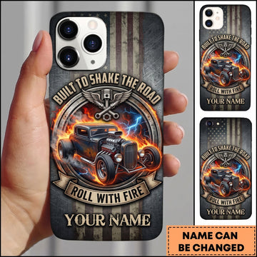 BlueJose Hot Rod Black Classic Car with Flaming Skull and Vintage Garage Badge Personalized Name 3D Phone Case