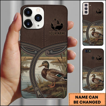 BlueJose Artist Hunting Duck Zipper Leather Brown Vintage Personalized Name Phone Case