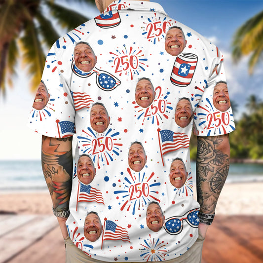 BlueJose Custom Photo USA 250th Anniversary Floral American Flag Hawaii Shirt