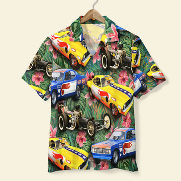 Bluejose Drag Racing Custom Car Photos with Floral Pattern, Personalized Hawaiian Shirt, Gifts for Drag Racers