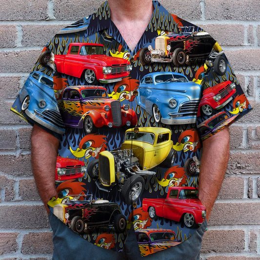 Custom Hot Rod Photo Hawaiian Shirt, Flame Pattern, Gift For Summer