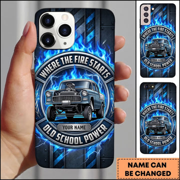 BlueJose Classic Muscle Car Blue Vintage Car with Electric Lightning and Garage Badge Personalized Name 3D Phone Case