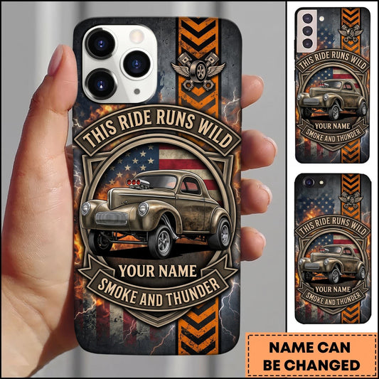 BlueJose Hot Rod Brown Vintage Car with Chevron Racing Stripes and Retro Garage Badge Personalized Name 3D Phone Case