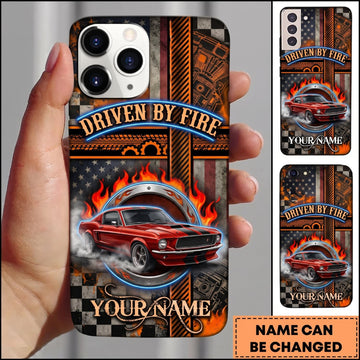 BlueJose Classic Muscle Car Red Vintage Car with Industrial Garage and Orange Racing Stripes Personalized Name 3D Phone Case
