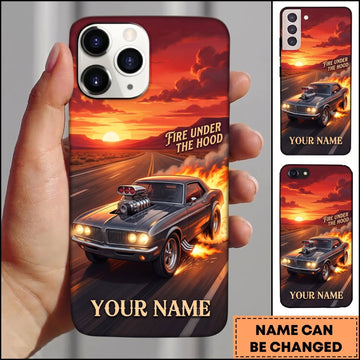 BlueJose Classic Muscle Car Blue Vintage Car with Sunset Highway and Orange Flame Personalized Name 3D Phone Case