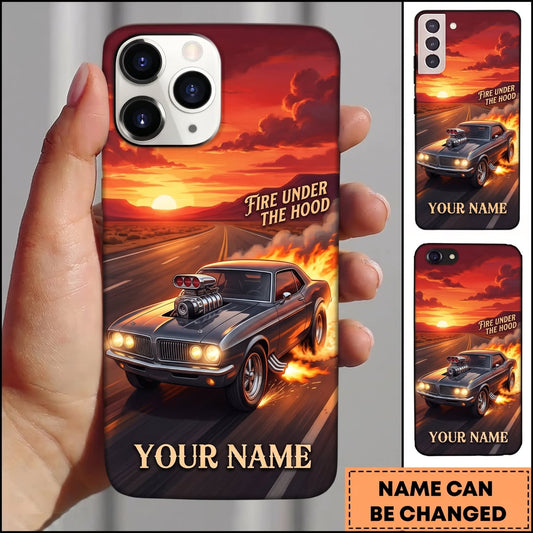 BlueJose Classic Muscle Car Blue Vintage Car with Sunset Highway and Orange Flame Personalized Name 3D Phone Case