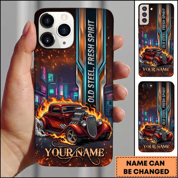 BlueJose Hot Rod Red Vintage Car with Neon City Skyline and Racing Flame Personalized Name 3D Phone Case
