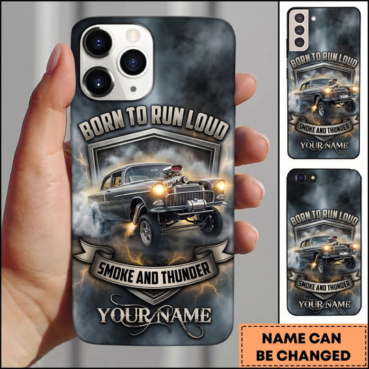 BlueJose Hot Rod Silver Vintage Car with Gray Smoke and Classic Garage Badge Personalized Name 3D Phone Case