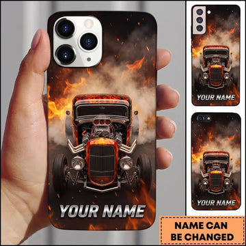 BlueJose Hot Rod Black Classic Car with Front Grille and Orange Flame Background Personalized Name 3D Phone Case