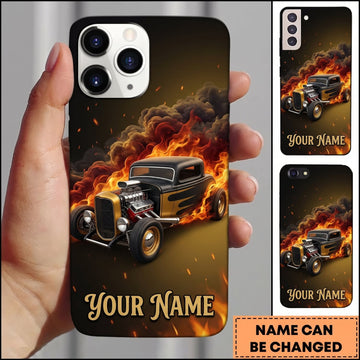 BlueJose Hot Rod Black Vintage Car with Golden Flame and Explosive Smoke Personalized Name 3D Phone Case