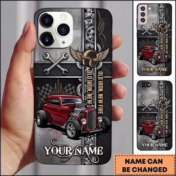 BlueJose Hot Rod Red Vintage Car with Crossed Tools and Industrial Garage Design Personalized Name 3D Phone Case