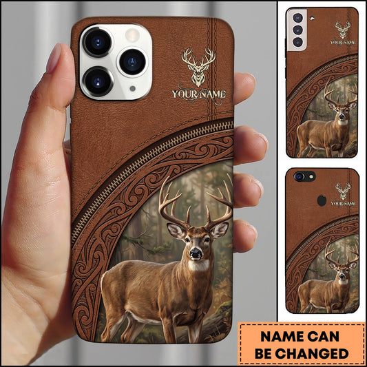 BlueJose Artist Hunting Deer Zipper Leather Brown Forest Ornate Pattern Personalized Name Phone Case