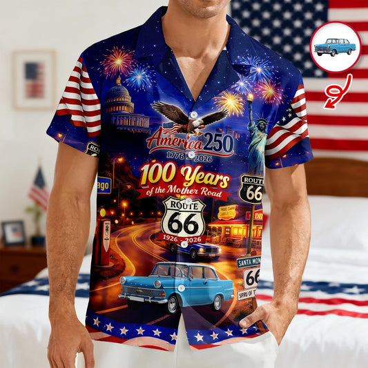 BlueJose Celebrate 100 Years of Road Route 66 and America 250th Anniversary Custom Car Photo Hawaiian Shirt (2)