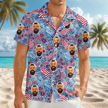 BlueJose Custom Photo USA 250th Anniversary Floral American Flag Hawaii Shirt (3)