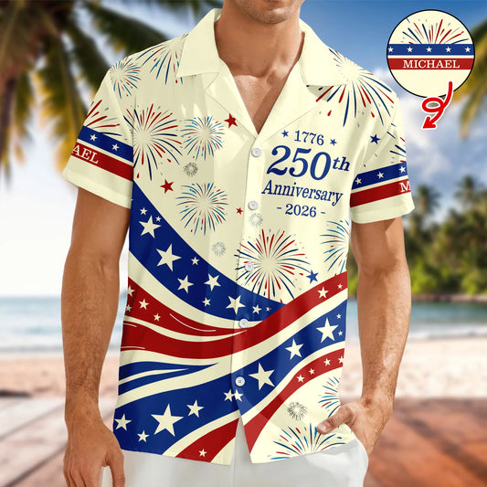 BlueJose Custom Name USA 250th Anniversary 1776-2026 Hawaii Shirt - 4th of July Patriotic Gift