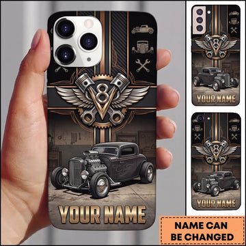 BlueJose Hot Rod Black Classic Car with Vintage Metal Wings and Engine Emblem Personalized Name 3D Phone Case