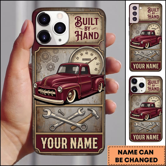 BlueJose Hot Rod Burgundy Vintage Car with Built by Hand and Retro Garage Graphics Personalized Name 3D Phone Case