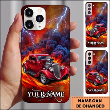 BlueJose Hot Rod Red Classic Car with Blue Lightning and Flaming Storm Personalized Name 3D Phone Case