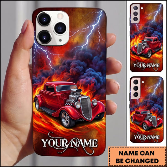 BlueJose Hot Rod Red Classic Car with Blue Lightning and Flaming Storm Personalized Name 3D Phone Case