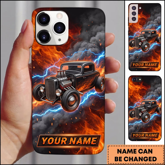 BlueJose Hot Rod Black Vintage Car with Blue Lightning and Orange Fire Personalized Name 3D Phone Case