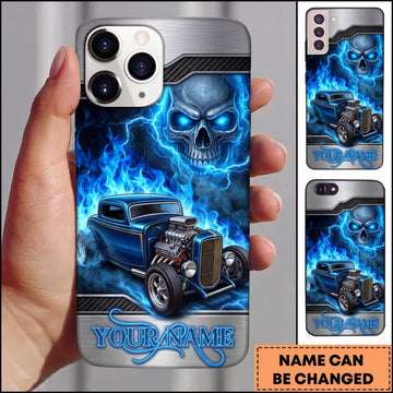 BlueJose Hot Rod Blue Vintage Car with Glowing Skull and Electric Blue Flames Personalized Name 3D Phone Case