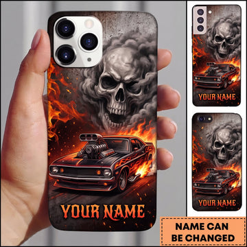 BlueJose Hot Rod Black Classic Car with Gray Skull and Explosive Orange Flames Personalized Name 3D Phone Case