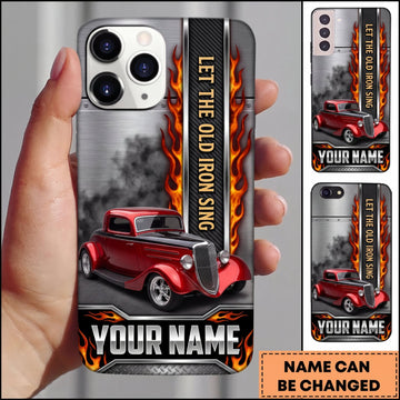 BlueJose Hot Rod Red Vintage Car with Vertical Racing Stripes and Orange Flames Personalized Name 3D Phone Case