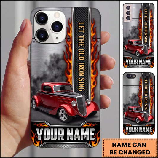 BlueJose Hot Rod Red Vintage Car with Vertical Racing Stripes and Orange Flames Personalized Name 3D Phone Case