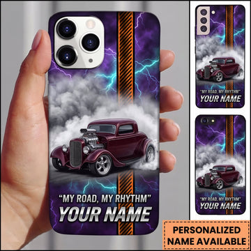 BlueJose Classic Muscle Car Burgundy Vintage Car with Purple Lightning and Retro Road Rhythm Personalized Name 3D Phone Case