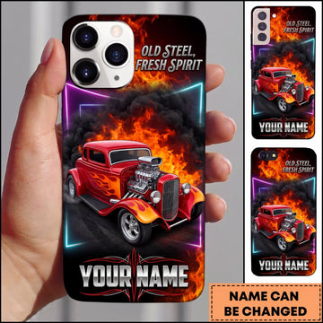 BlueJose Hot Rod Red Vintage Car with Old Steel Fresh Spirit and Explosive Flames Personalized Name 3D Phone Case