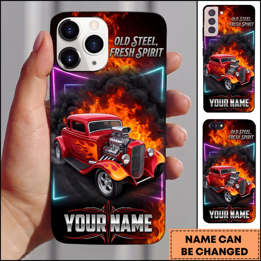BlueJose Hot Rod Red Vintage Car with Old Steel Fresh Spirit and Explosive Flames Personalized Name 3D Phone Case