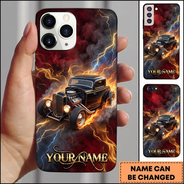 BlueJose Hot Rod Black Vintage Car with Golden Lightning and Fiery Smoke Personalized Name 3D Phone Case