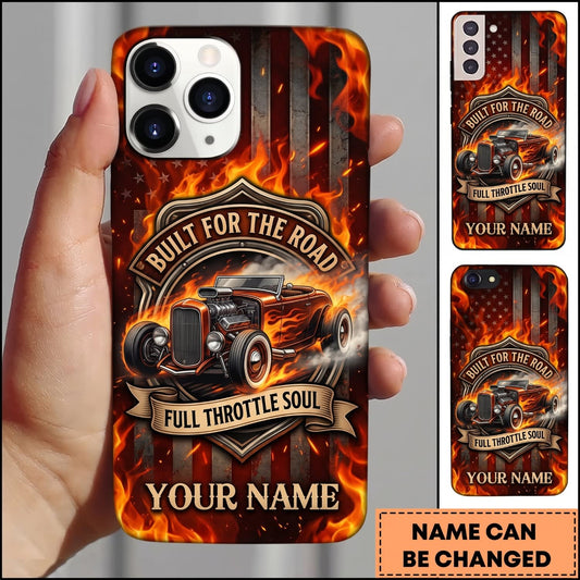 BlueJose Hot Rod Orange Flame and Skull Classic Car Design Personalized Name 3D Phone Case