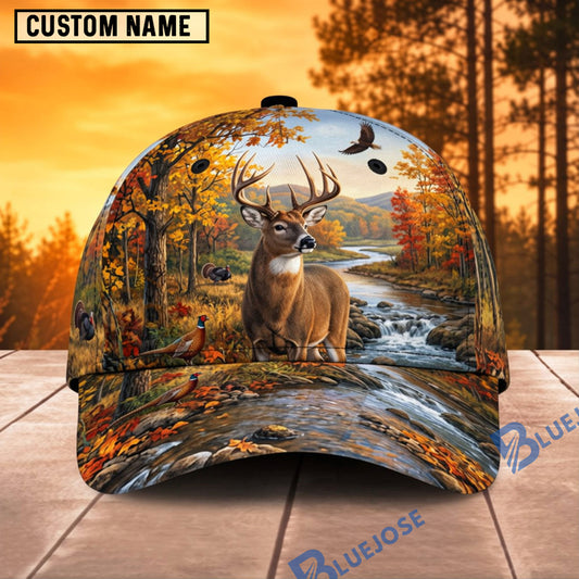 BlueJose Deer Hunting Autumn Forest River Personalized Name 3D Cap