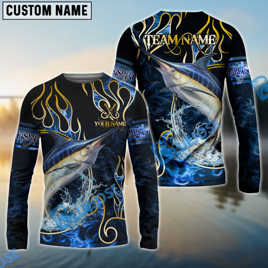 Bluejose Marlin Fishing Flame Dark Blue Luxury Pattern Custom Name & Team Name 3D Shirts