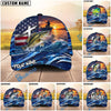 BlueJose Fishing American Flag Sunset Wave Personalized Cap (13 Breeds)