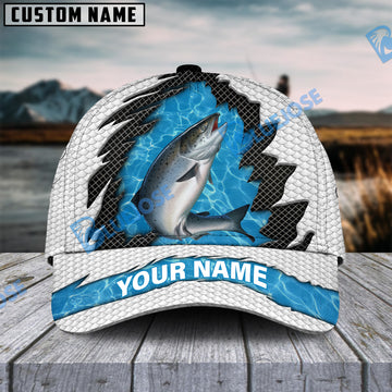 BlueJose Personalized Salmon Fishing White Blue Wave Fishnet Classic Cap
