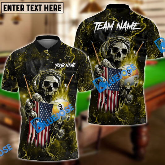 BlueJose Billiards Ball 9 Fire Skull US Flag Personalized Name, Team Name Shirt (6 Colors)