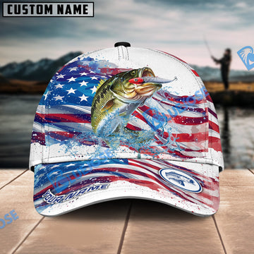 BlueJose Bass Fishing Watercolor USA Flag Personalized Cap