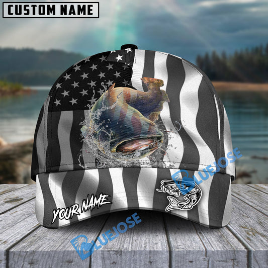 BlueJose Catfish Fishing Black American Flag Sport Personalized Cap