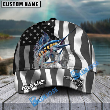 BlueJose Marlin Fishing Black American Flag Sport Personalized Cap