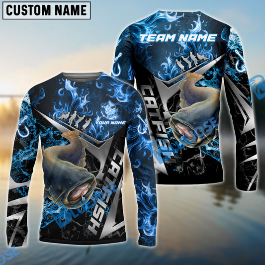 Bluejose Catfish Fishing Silver Line Blue Flame Custom Pattern Name & Team Name 3D Shirts