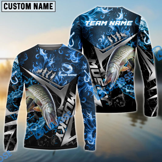 Bluejose Musky Fishing Silver Line Blue Flame Custom Pattern Name & Team Name 3D Shirts