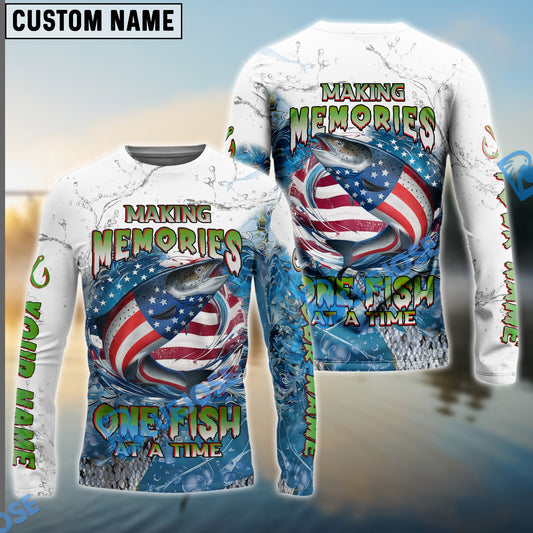 Bluejose Salmon Fishing Patriotic Splash ‚ÄúMaking Memories One Fish At A Time‚Äù Custom Name & Team Name 3D Shirts