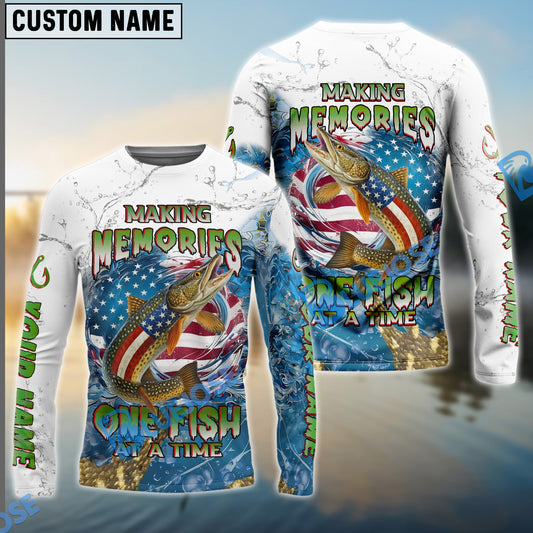 Bluejose Pike Fishing Patriotic Splash ‚ÄúMaking Memories One Fish At A Time‚Äù Custom Name & Team Name 3D Shirts