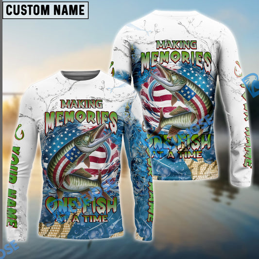 Bluejose Musky Fishing Patriotic Splash ‚ÄúMaking Memories One Fish At A Time‚Äù Custom Name & Team Name 3D Shirts