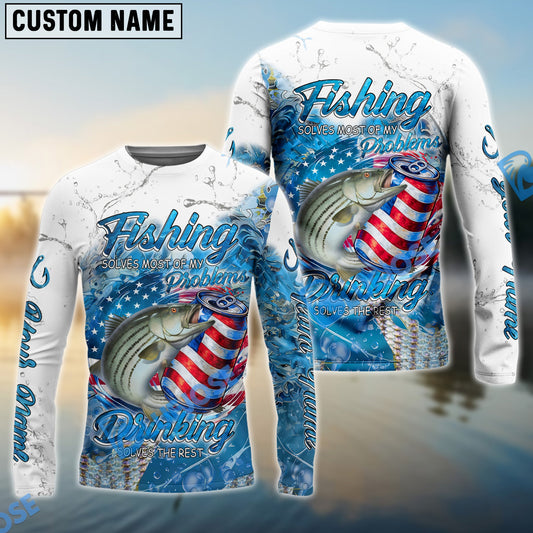 Bluejose Striped Bass Fishing Beer & Fishing Flag Quote ‚ÄúFishing solves most of my problems, drinking solves the rest‚Äù Dynamic Strike Pattern Custom Name & Team Name 3D Shirts
